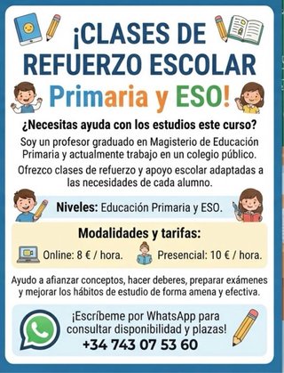 Clases de refuerzo escolar 8€/h onl. 10€/h presen.