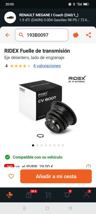 Fuelle transmisión RIDEX 193B0097 Renault Megane