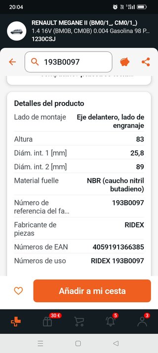 Fuelle transmisión RIDEX 193B0097 Renault Megane