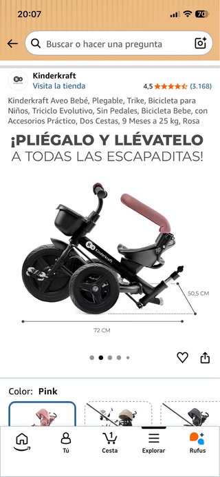 Triciclo Kinderkraft Aveo Rosa Plegable