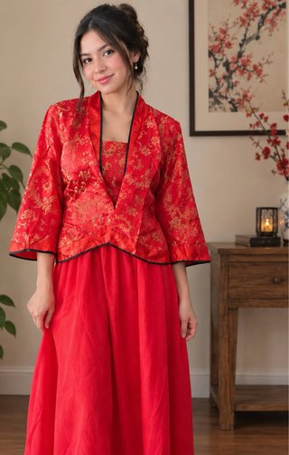 Precioso traje japonés estilo kimono en rojo