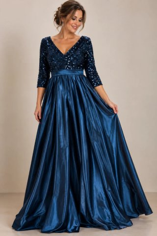 Vestido de gala azul con lentejuelas