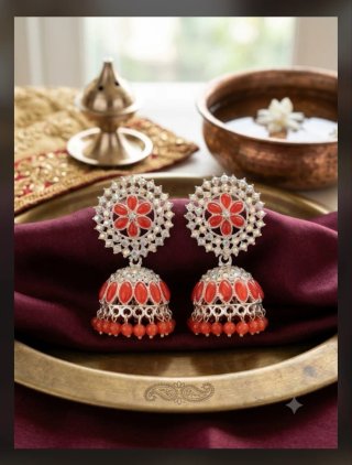 Pendientes Jhumka Indios Rojos y Plateados