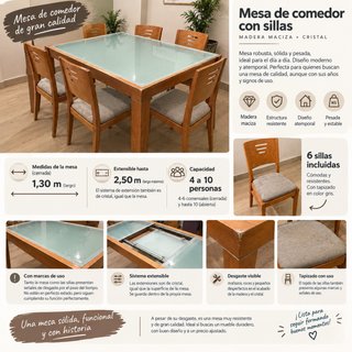 Mesa comedor madera maciza cristal + 6 sillas