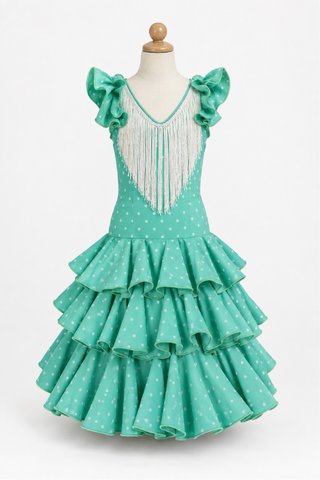 Traje Flamenca de niña Verde Agua Volantes