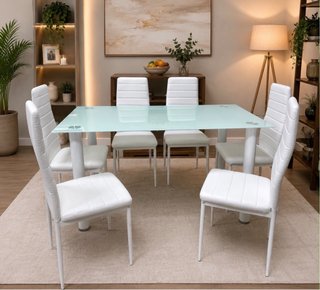 Mesa Comedor Cristal + 6 Sillas Blancas