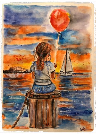 Acquarello Bambina con Palloncino A4