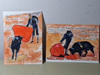 Dos acuarelas taurinas: Torero y toro