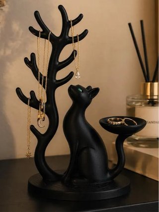 Portagioie gatto nero con albero per collane