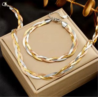 Conjunto de Joyas Trenzado Oro, Plata, Rosa