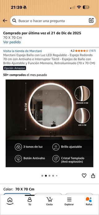 Espejo Redondo Baño LED 70x70