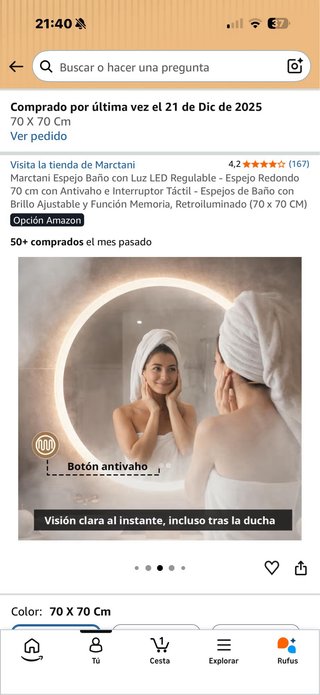 Espejo Redondo Baño LED 70x70