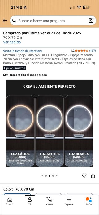 Espejo Redondo Baño LED 70x70