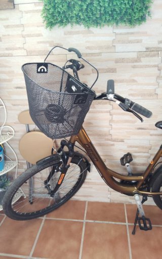 Bicicleta urbana dorada con cesta