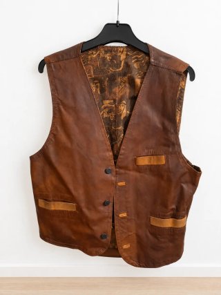 Chaleco de piel marrón vintage western con forro