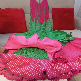 Vestido Flamenca Verde y Rosa