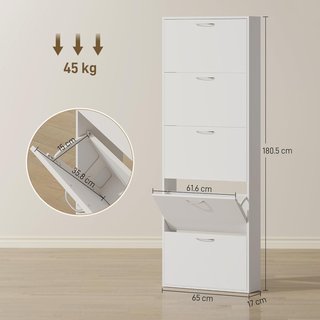Zapatero Slim Alto Con 5 Puertas Abatibles, Zapatero de Entrada Con Superficie Superior para Objetos, Zapatero Compacto para 15 Pares Con Asa, 65X17X180.5 Cm, Blanco