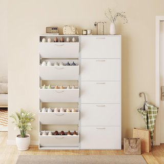Zapatero Slim Alto Con 5 Puertas Abatibles, Zapatero de Entrada Con Superficie Superior para Objetos, Zapatero Compacto para 15 Pares Con Asa, 65X17X180.5 Cm, Blanco