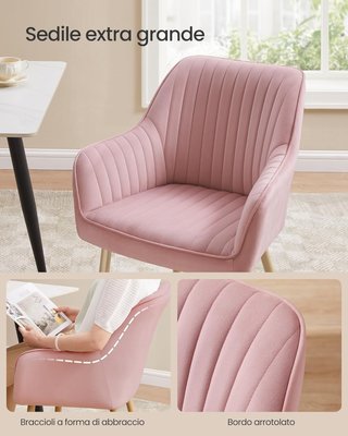Silla de Comedor, Silla de Cocina, Sillón de Terciopelo Acolchado con Brazos, Soporta 120 Kg, Patas de Metal, para Comedor, Cocina, Rosa Pastel y Dorado Pálido LDC087R01