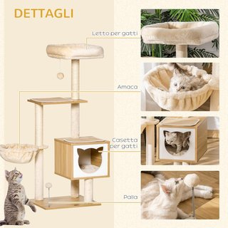 Rascador para Gatos Con 2 Postes, Casa, Hamaca, Cama Y 2 Pelotas Juguete, Árbol para Gatos de Madera, Felpa Y Sisal, 48X40X126 Cm, Beige Y Color Madera