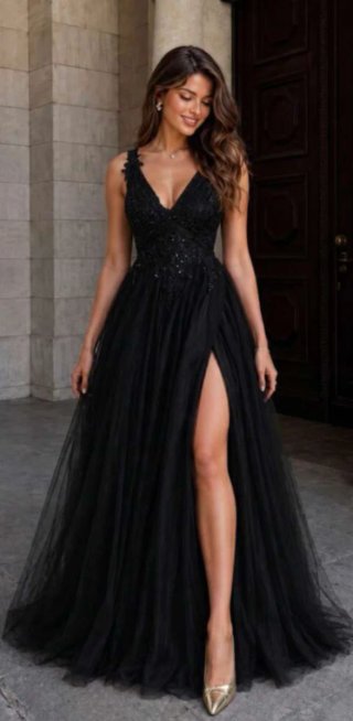 Vestido de fiesta negro con detalles de encaje