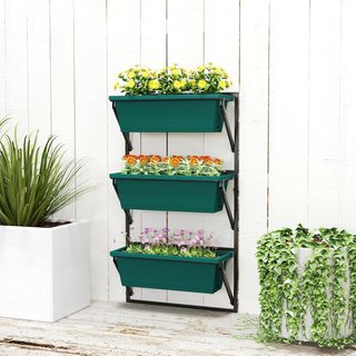 Giardino Verticale da Esterno a 3 Livelli, 3 Vasi per Piante da Esterno in Plastica con Fori di Drenaggio, Supporto da Appendere per Fiori ed Erbe Aromatiche, 56X42X100 Cm, Verde