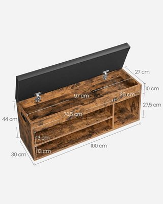 Banco Zapatero de Entrada, Banco Contenedor con Cojín Acolchado, 3 Compartimentos, Estantes, Sala de Estar, Pasillo, Dormitorio, Capacidad 136 Kg, Marrón Vintage LHS130B01