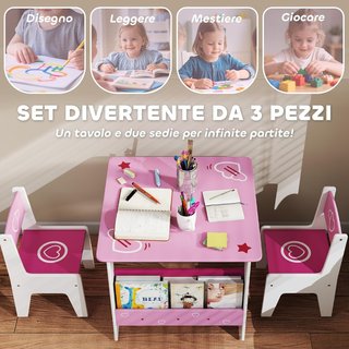 Conjunto de Mesa con 2 Sillas para Niños, Mesa con Estante Librería Integrado, Muebles para Habitación y Sala de Estar en Madera MDF con Dibujos de Corazones, Edad 3-8 Años, Rosa