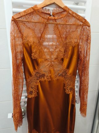 Vestido Zara Satén Encaje Naranja Talla M