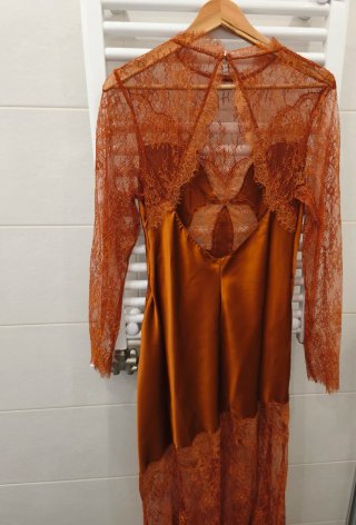 Vestido Zara Satén Encaje Naranja Talla M