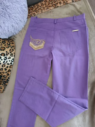 Pantalone donna viola con dettagli oro