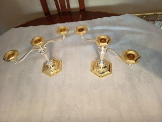 Pareja Candelabros Metal Dorado y Plateado
