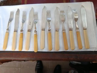 Set 6 cubiertos pescado beige y plata