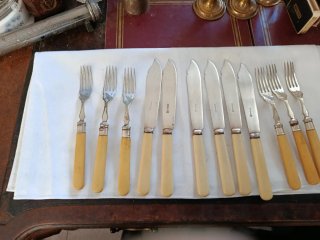Set 6 cubiertos pescado beige y plata