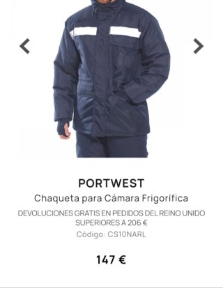 Chaqueta y Peto Portwest Cámara Frigorífica Ta
