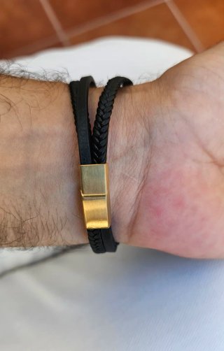 Bracciale in pelle nero e dorato da uomo