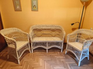 Sofá y 2 sillones mimbre blanco