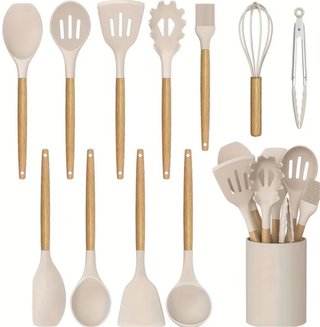 Set Utensilios Cocina Silicona y Madera Beige