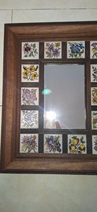 Espejo Rustico madera y azulejos florales. 39×33