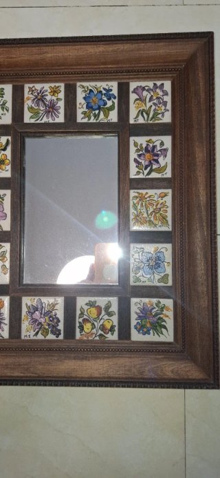 Espejo Rustico madera y azulejos florales. 39×33