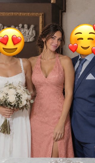 Vestido de fiesta rosa y verde