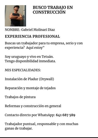 Busco trabajo en construcción tengo experiencia