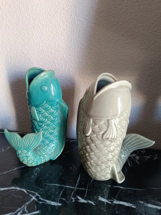 2 Vasi in Ceramica Pesce Grigio e Turchese