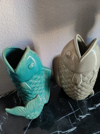 2 Vasi in Ceramica Pesce Grigio e Turchese