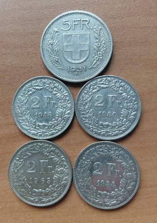 5 Francos Suizos 1931, 1940, 1944, 1946, 1963