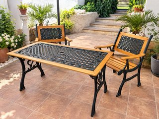 Conjunto Mesa y 2 Sillones Jardín Madera y Metal