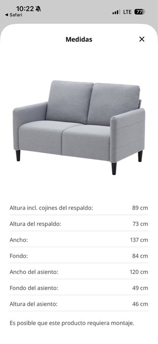 Sofá de 2 plazas tela gris