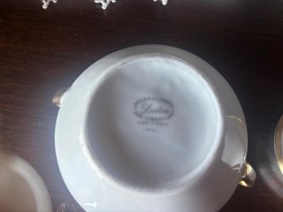 Juego de té vintage loza blanca filo dorado