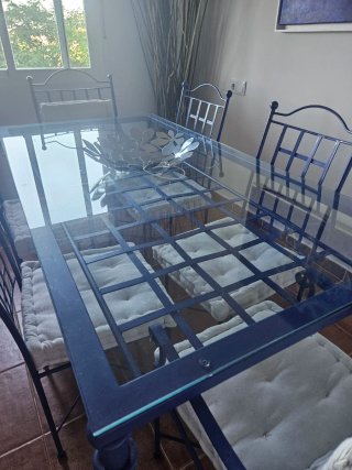 Mesa y 6 Sillas Hierro Forjado Cristal