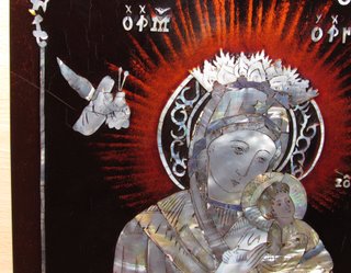 Panel madera mosaico nácar Virgen niño Jesús 70 ́s